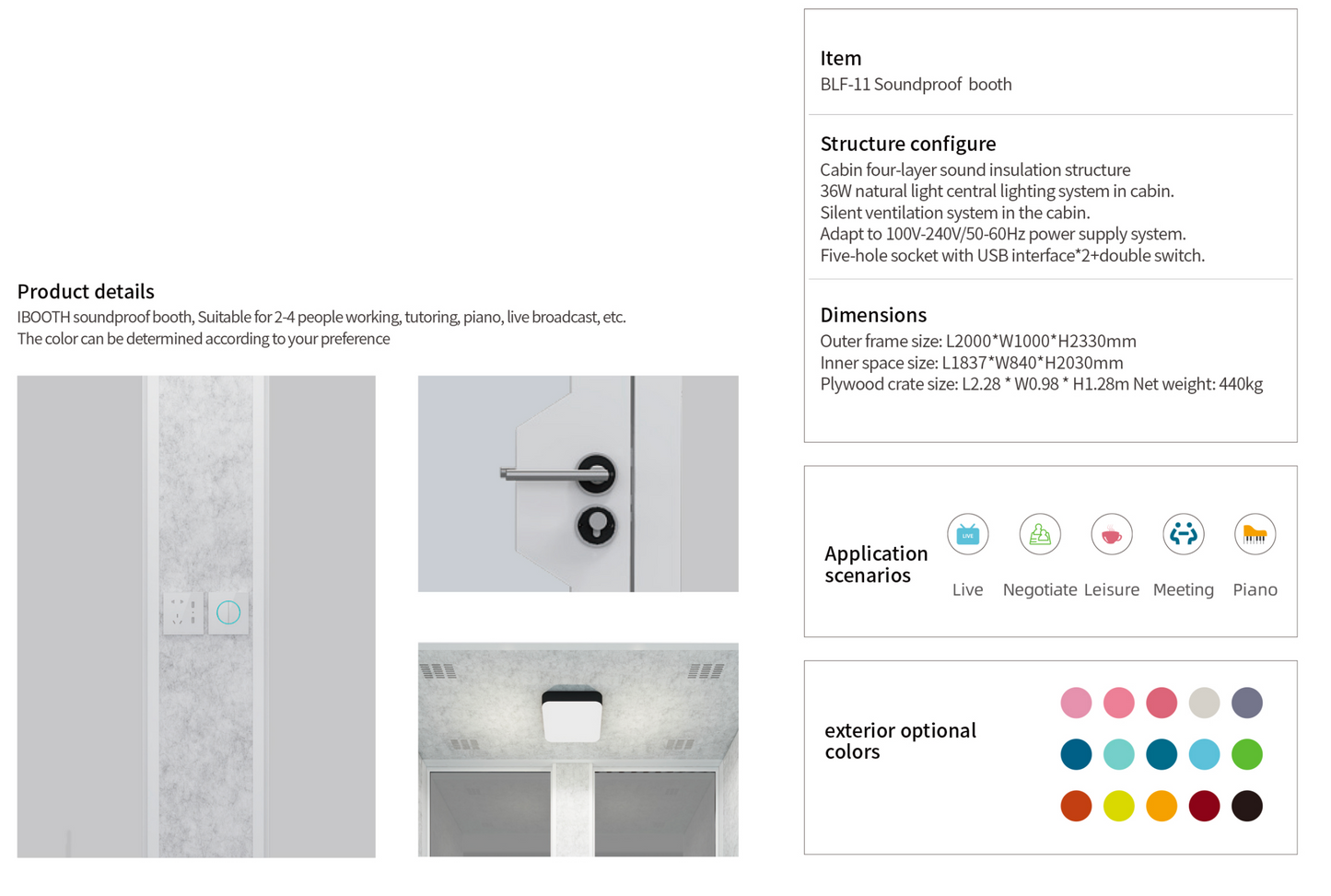 Silent Box Sound Booth LED with Lighting Centrifugal Fans and AC USB Ports XL for 8 Persons