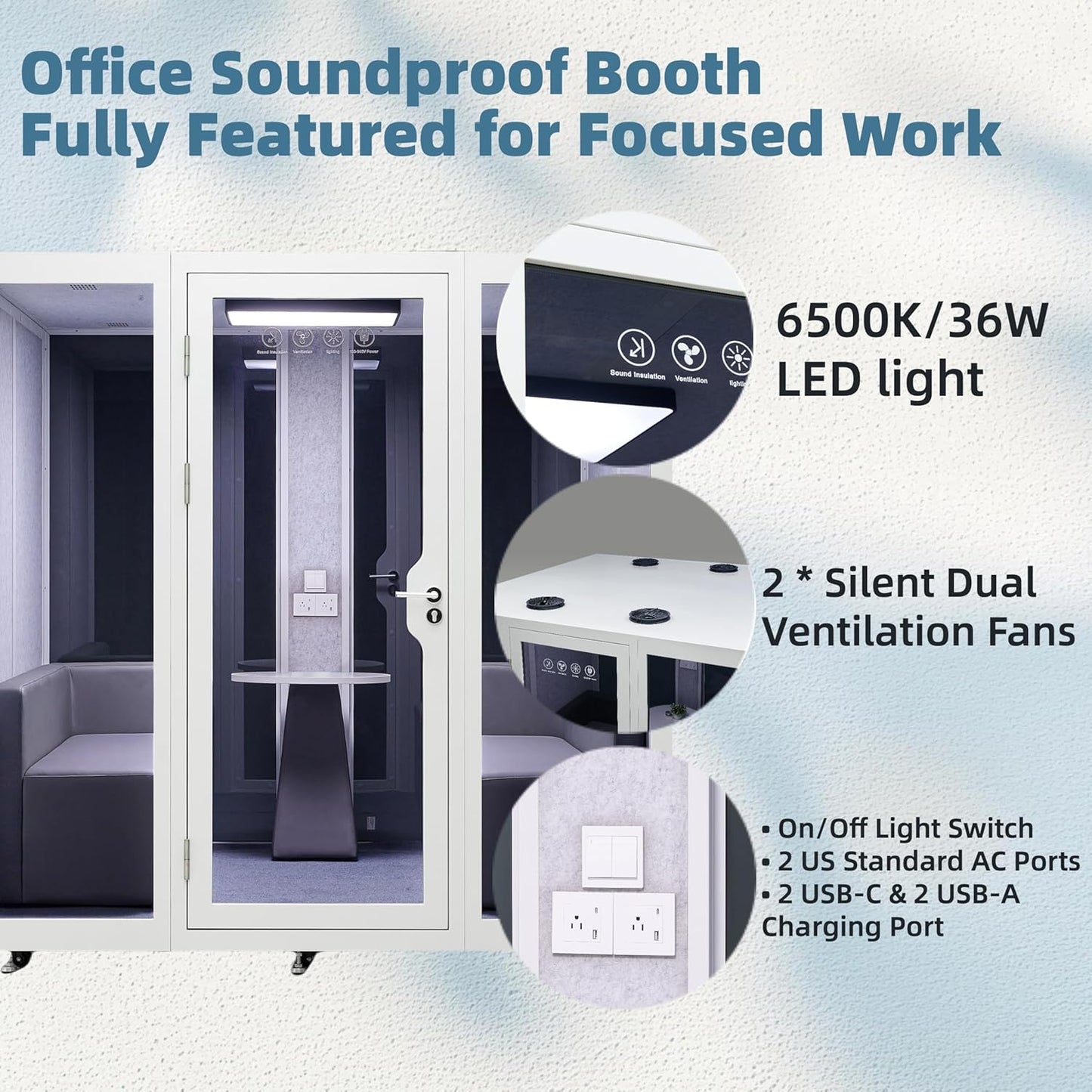 Silent Box Sound Booth LED with Lighting Centrifugal Fans and AC USB Ports XL for 8 Persons