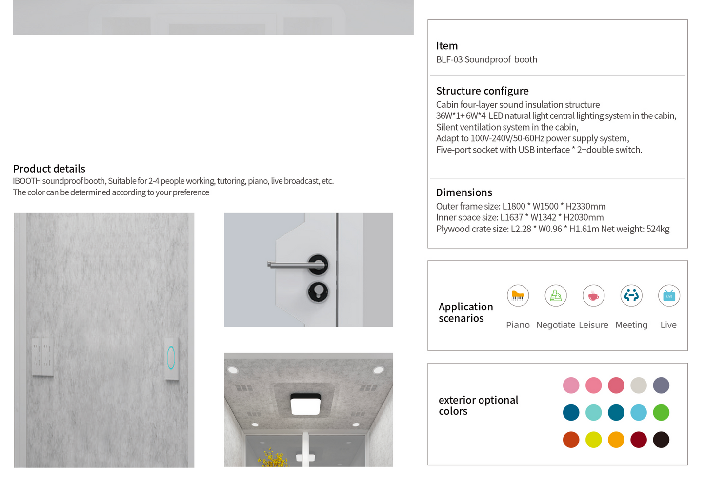 Silent Box Sound Booth LED with Lighting Centrifugal Fans and AC USB Ports XL for 8 Persons